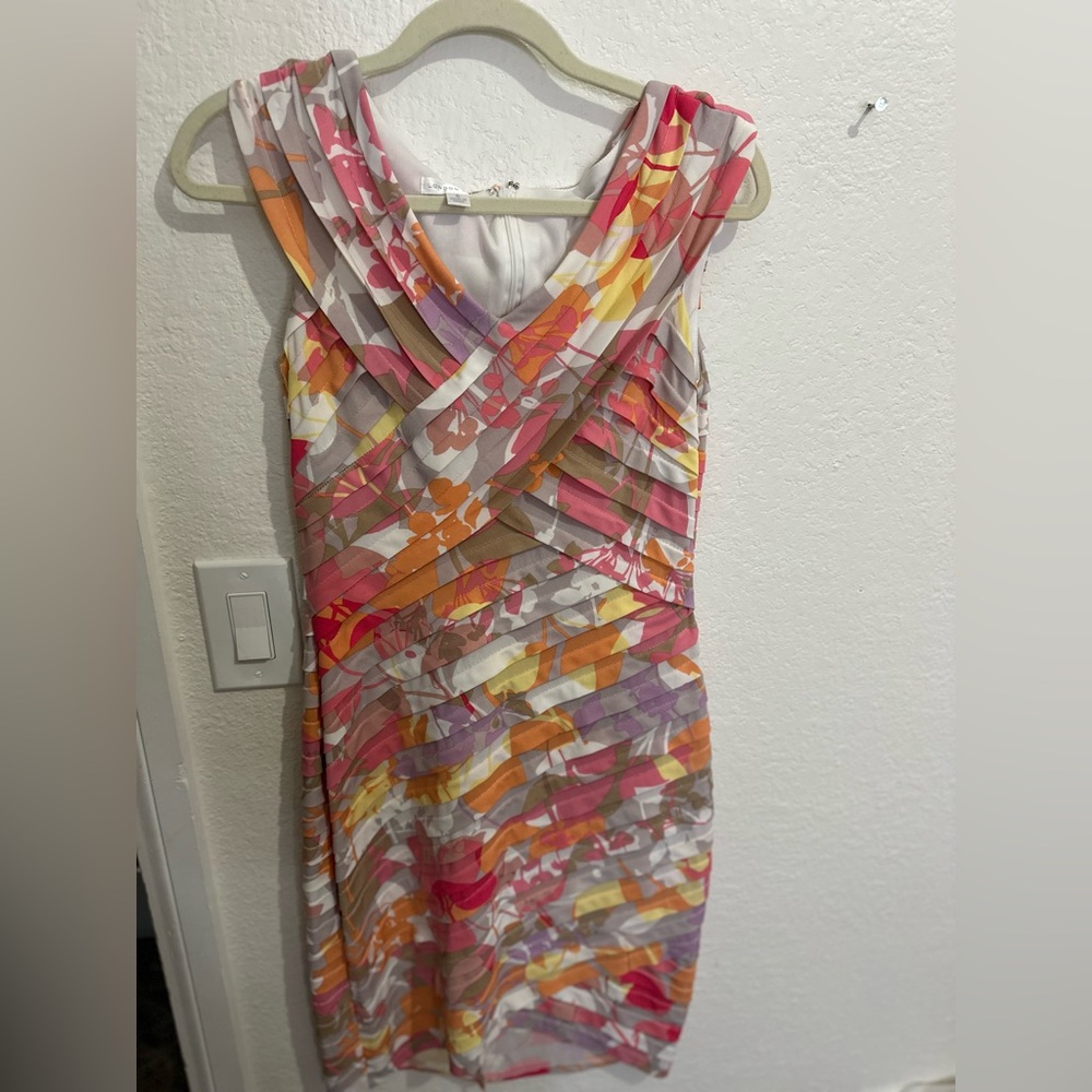 London Times Pink and Orange Sheath Midi Dress V-Neck Sleeveless